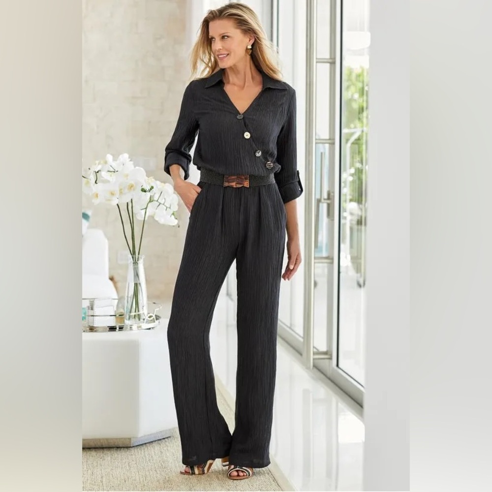SOFT SURROUNDINGS “Cannes Jumpsuit” in black crinkle gauze